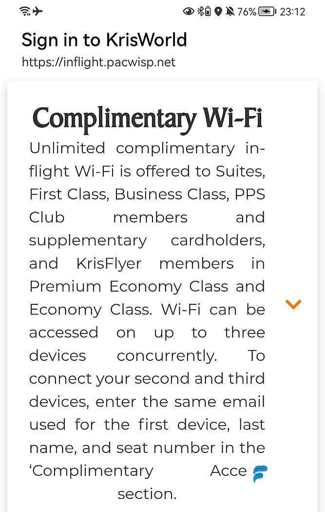 A list of who has access to complimentary Wi-Fi onboard Singapore Airlines