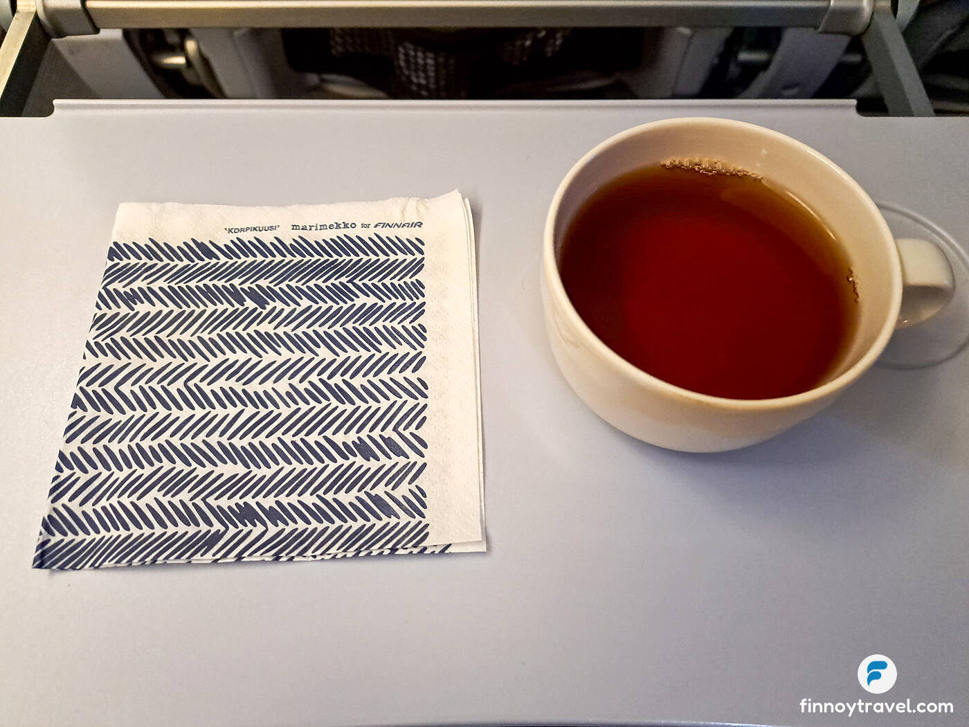 cup of tea served in Finnair Business class short haul flight
