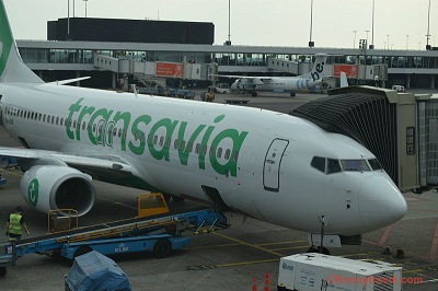 Transavia B737-800 plane at the gate in Amsterdam Airport