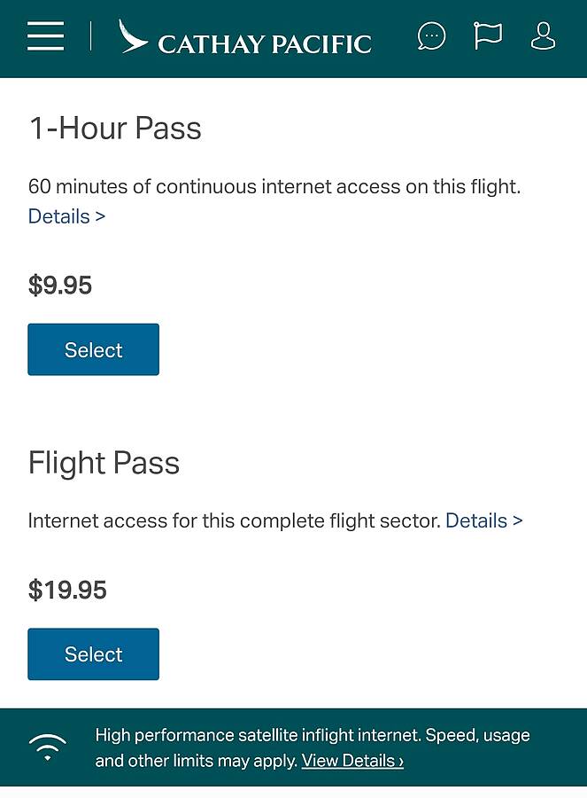 Cathay Pacific Wi-Fi prices