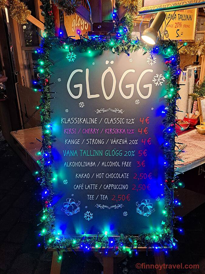 Glögg drink list at one of the market stalls in the Tallinn Christmas market.