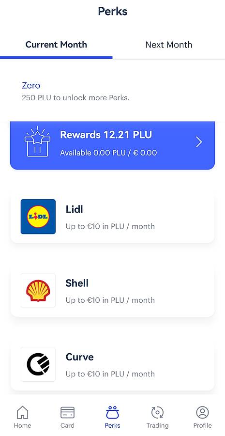 Plutus mobile app showing perks at the Premium level