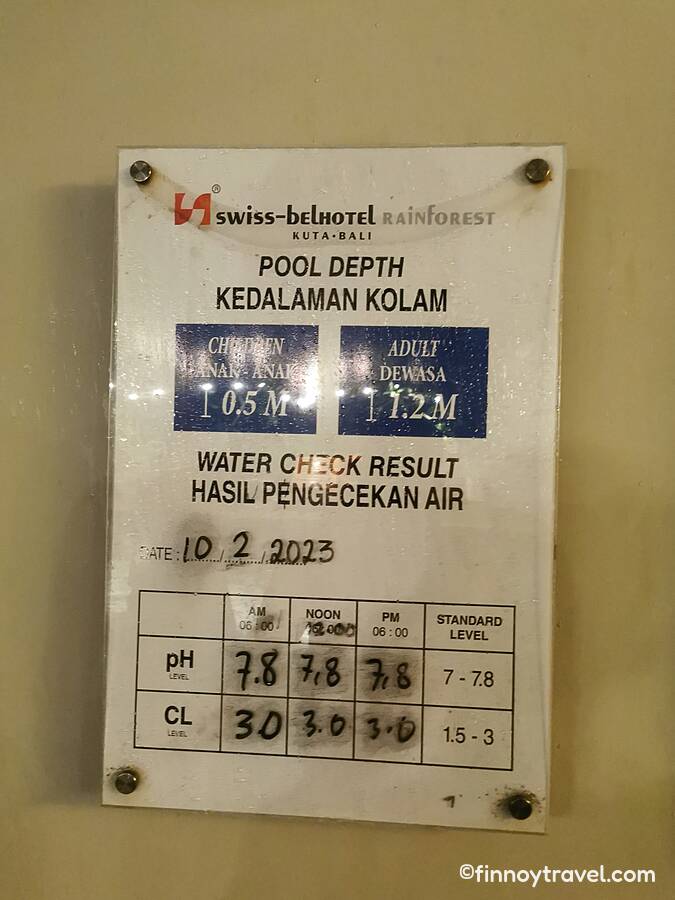 A maintenance report showing the pH and chlorine level status of the Swiss-Belhotel Rainforest swimming pool