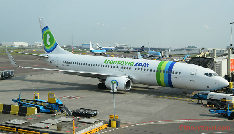 Transavia Boeing 737 plane at Amsterdam Airport.