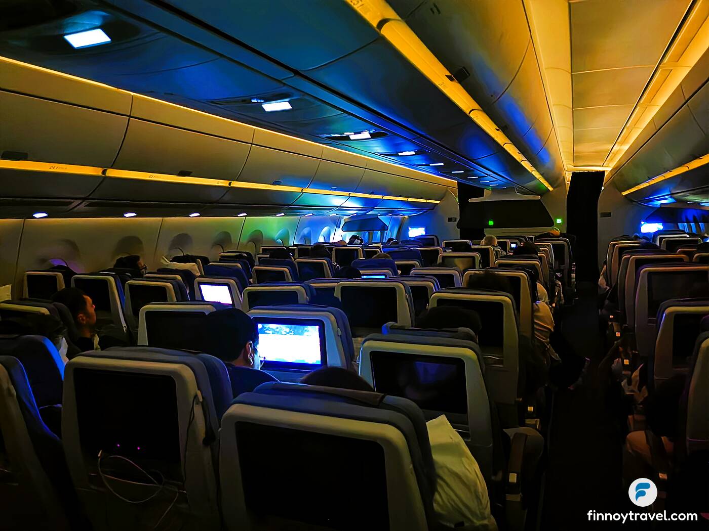 The economy class cabin of A350-900 Lufthansa aircraft.