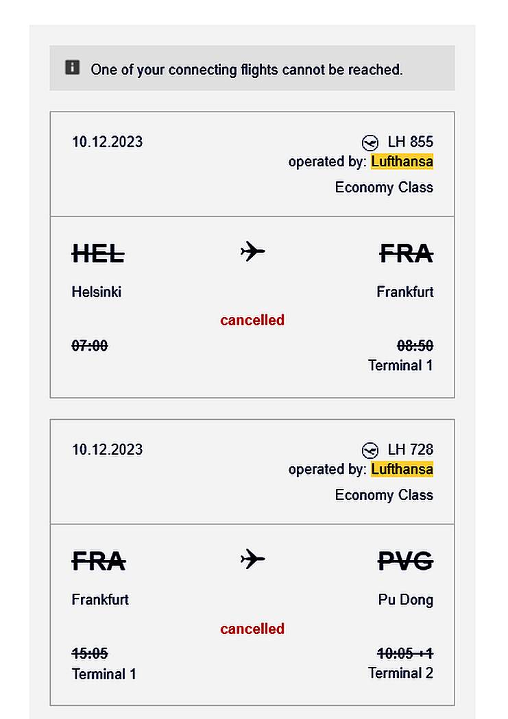 screenshot of cancelled Lufthansa flight