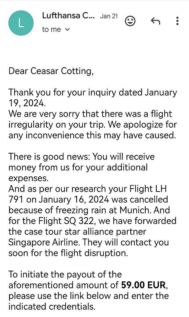 email regarding compensation from expenses incurred during a flight cancellation with Lufthansa