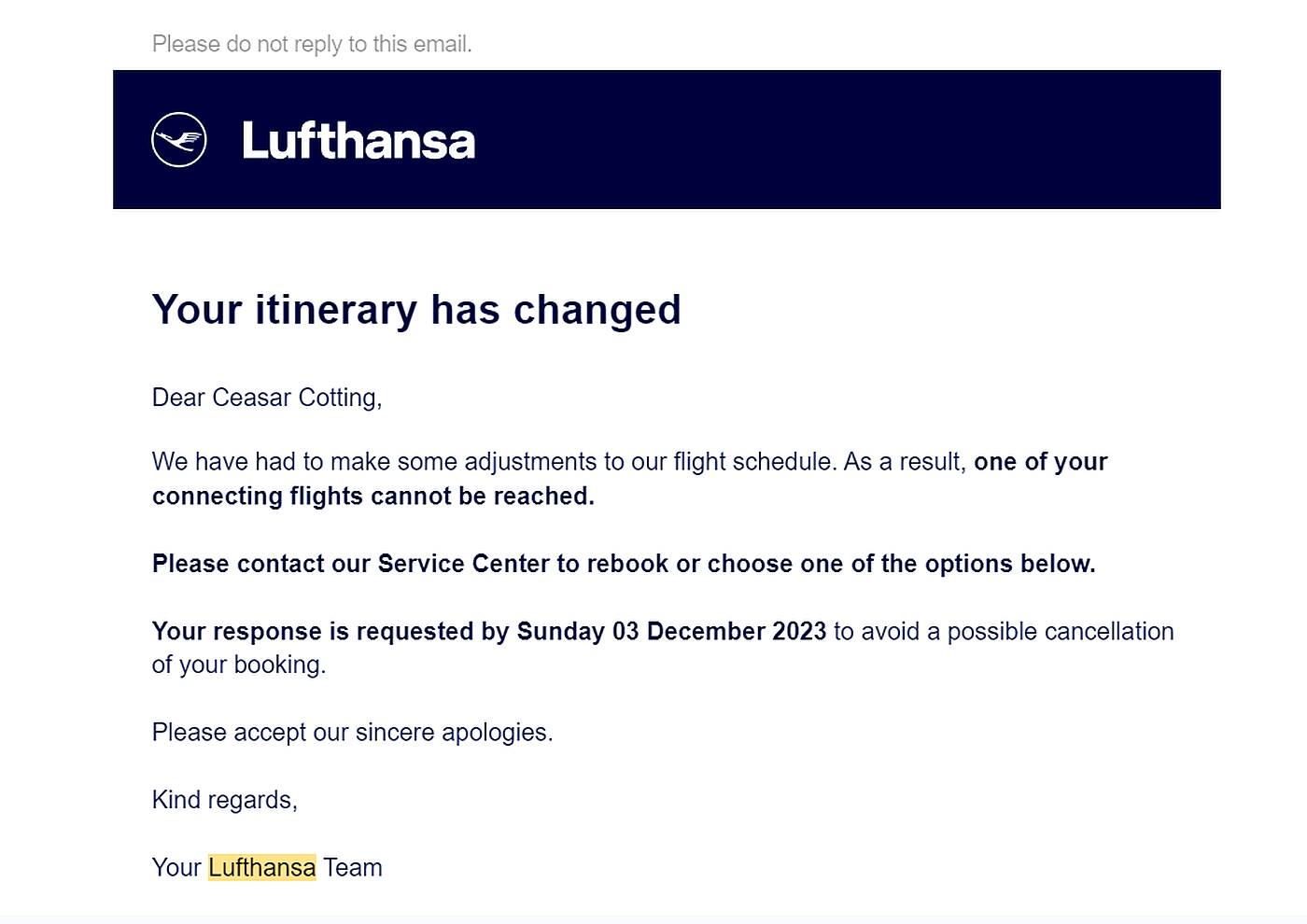 email from Lufthansa regarding itinerary change