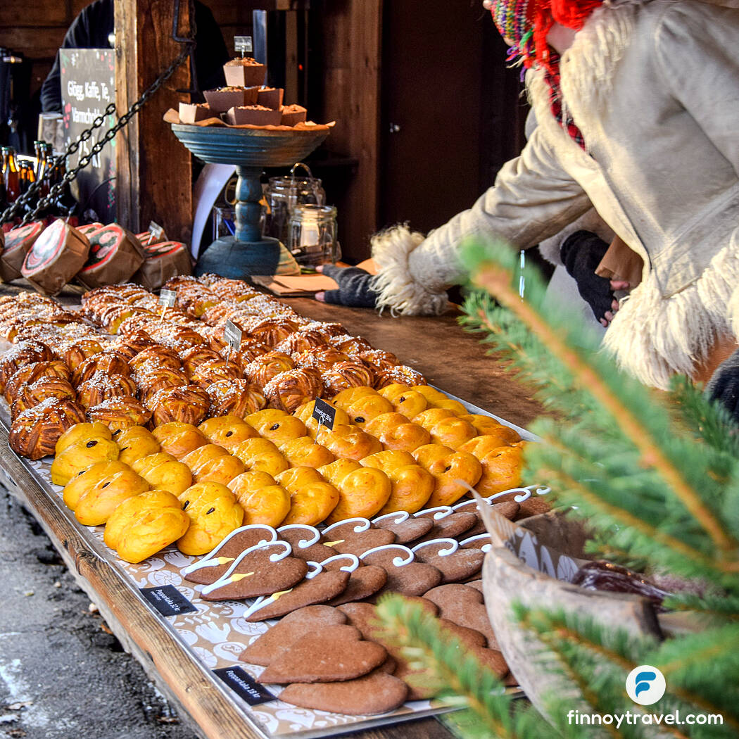 Freshly baked sweets at a market stall.