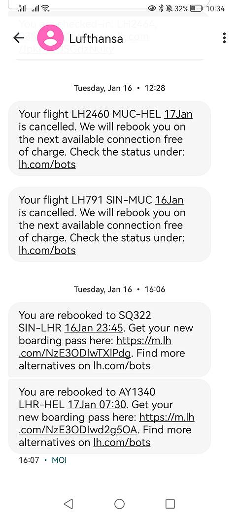 A screenshot of text messages from Lufthansa regarding flight cancellation and rebooking.