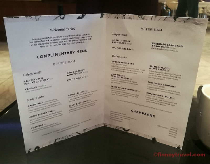 Menu de cortesia da No1 Lounge