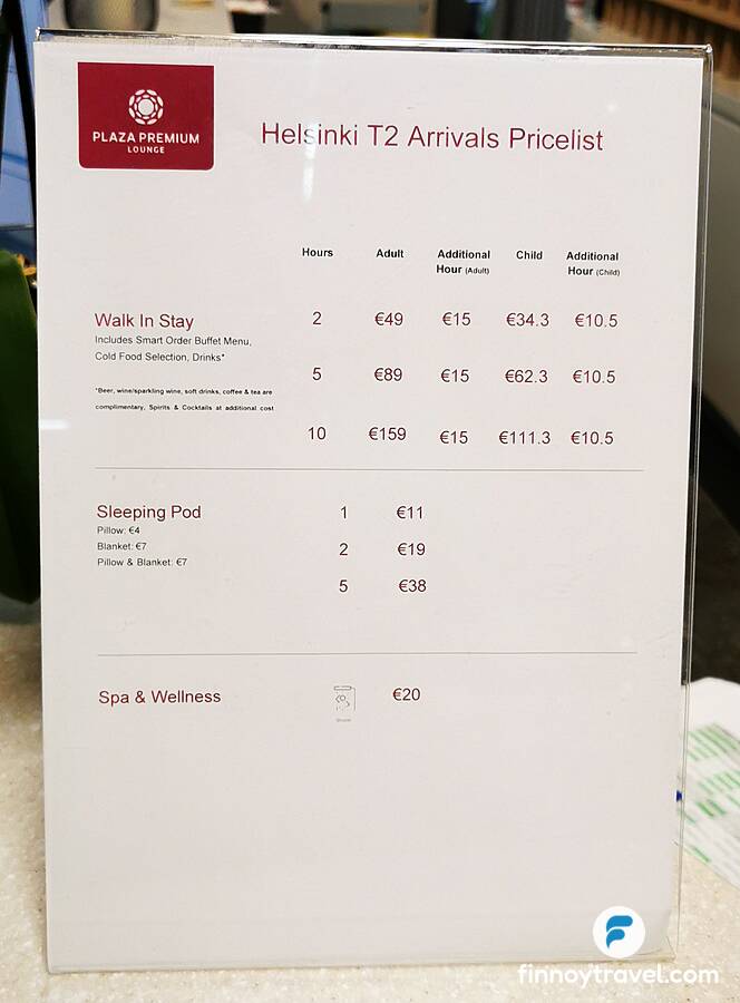 Tabela de pre&ccedil;os do Plaza Premium Lounge