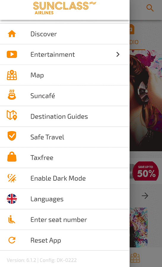 Menu do sistema de entretenimento da Sunclass
