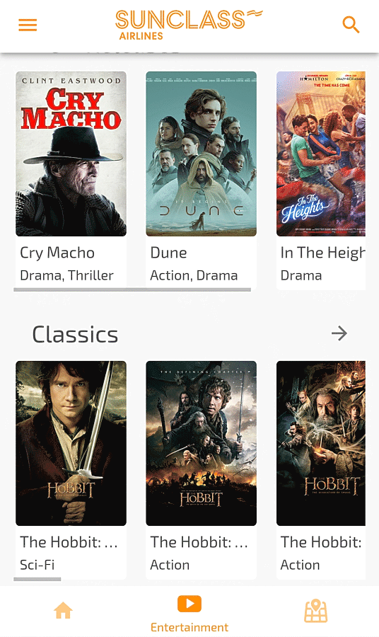 Filmes no sistema de entretenimento da Sunclass