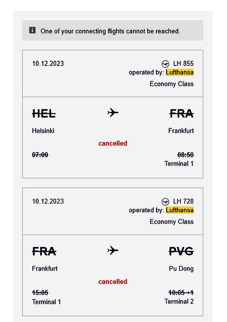 captura de tela de um voo cancelado da Lufthansa