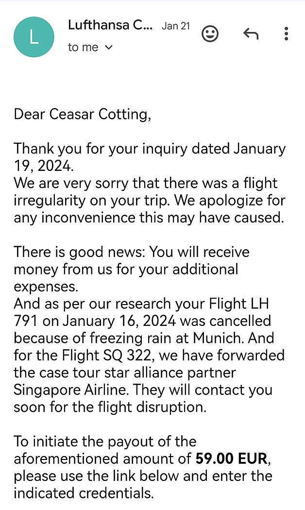 e-mail sobre reembolso de despesas devido a um cancelamento de voo com a Lufthansa