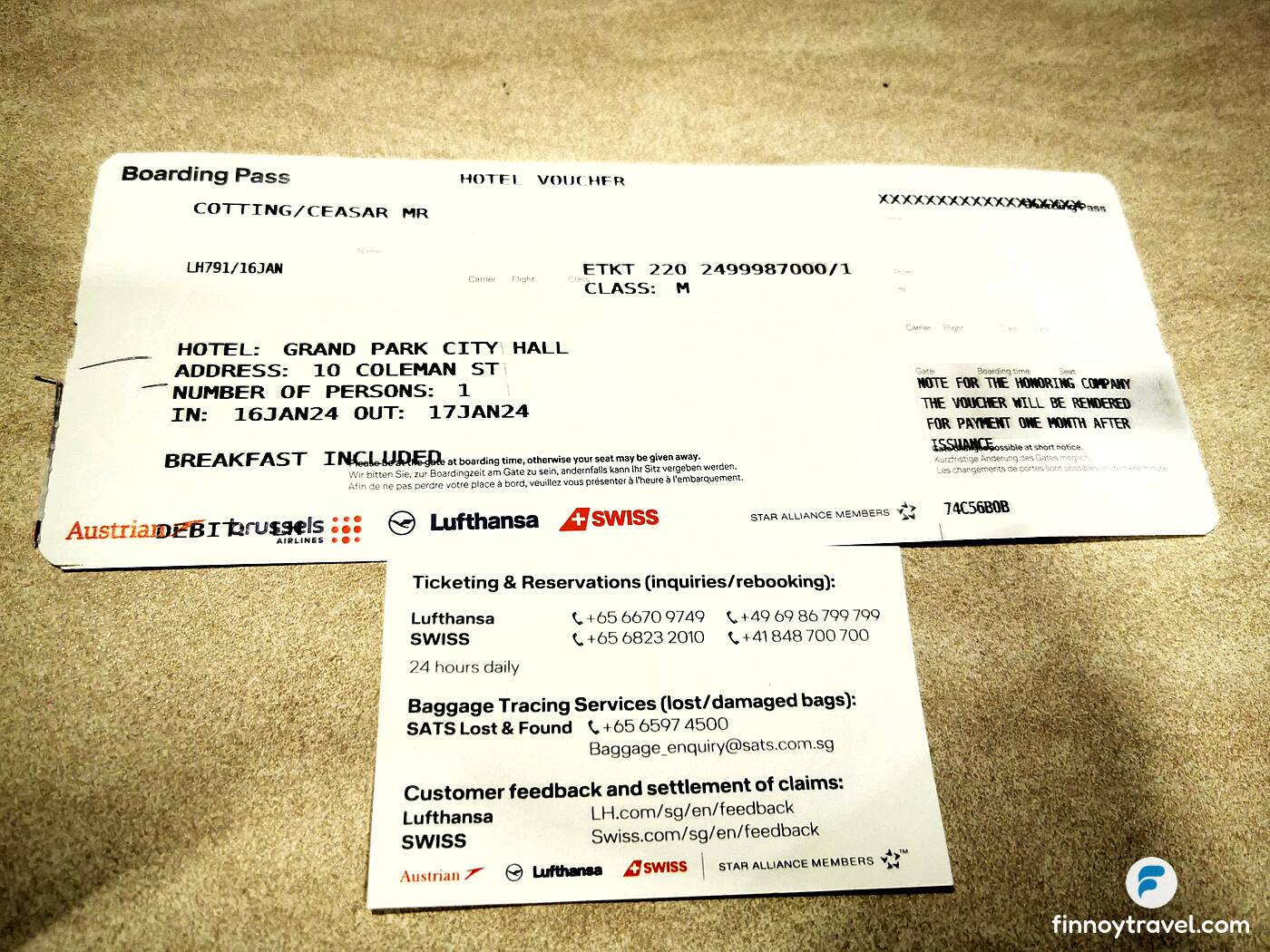 Hotel voucher na ibinigay ng Lufthansa dahil sa nakanselang flight