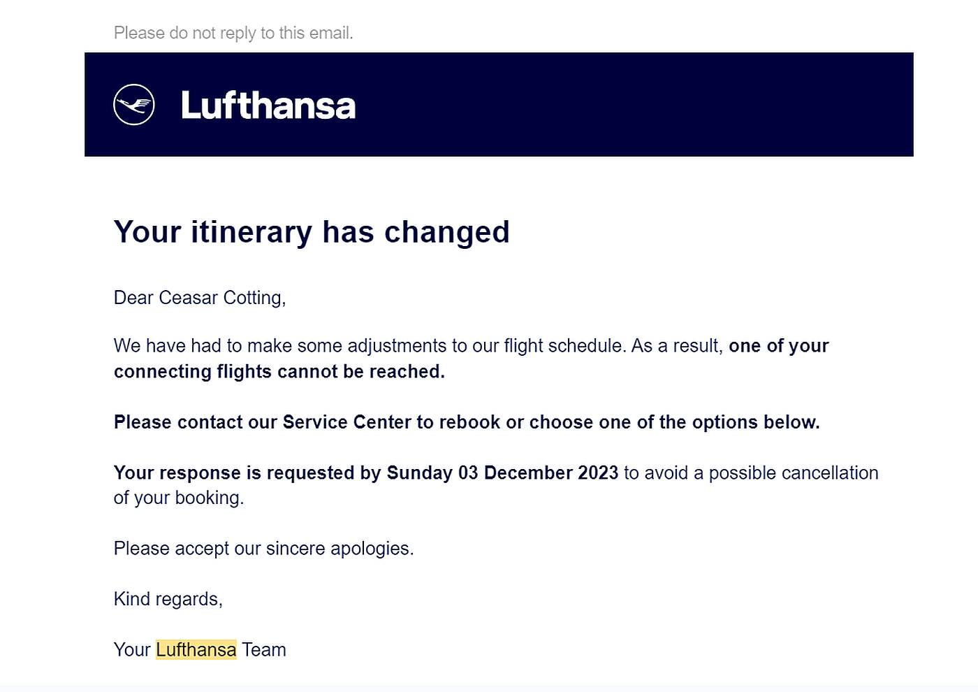 Email mula sa Lufthansa tungkol sa pagbabago ng itineraryo