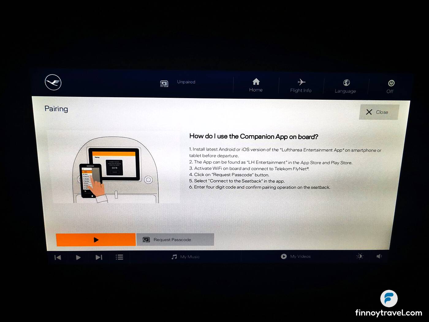 Tagubilin sa pagpares ng device para sa in-flight entertainment system ng Lufthansa